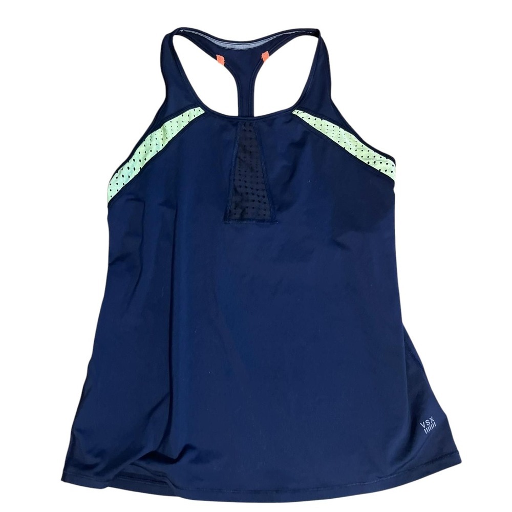 VSX Victoria Sport Tank Top Racerback Athletic Neon Trim Navy Blue Size M